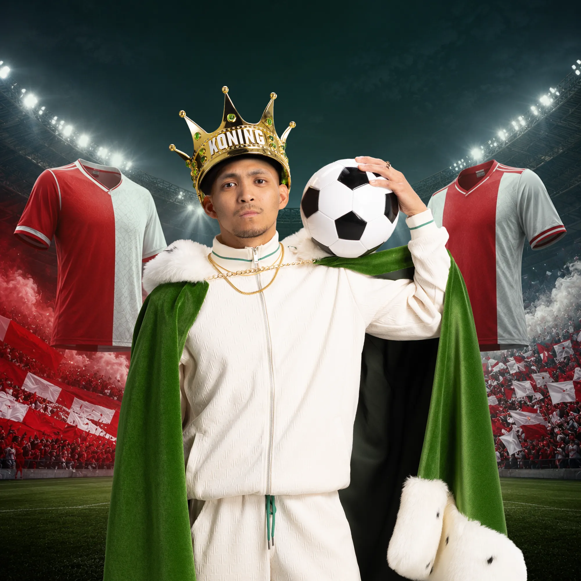 Voetbalheld met kroon Koning en bal in stadion
