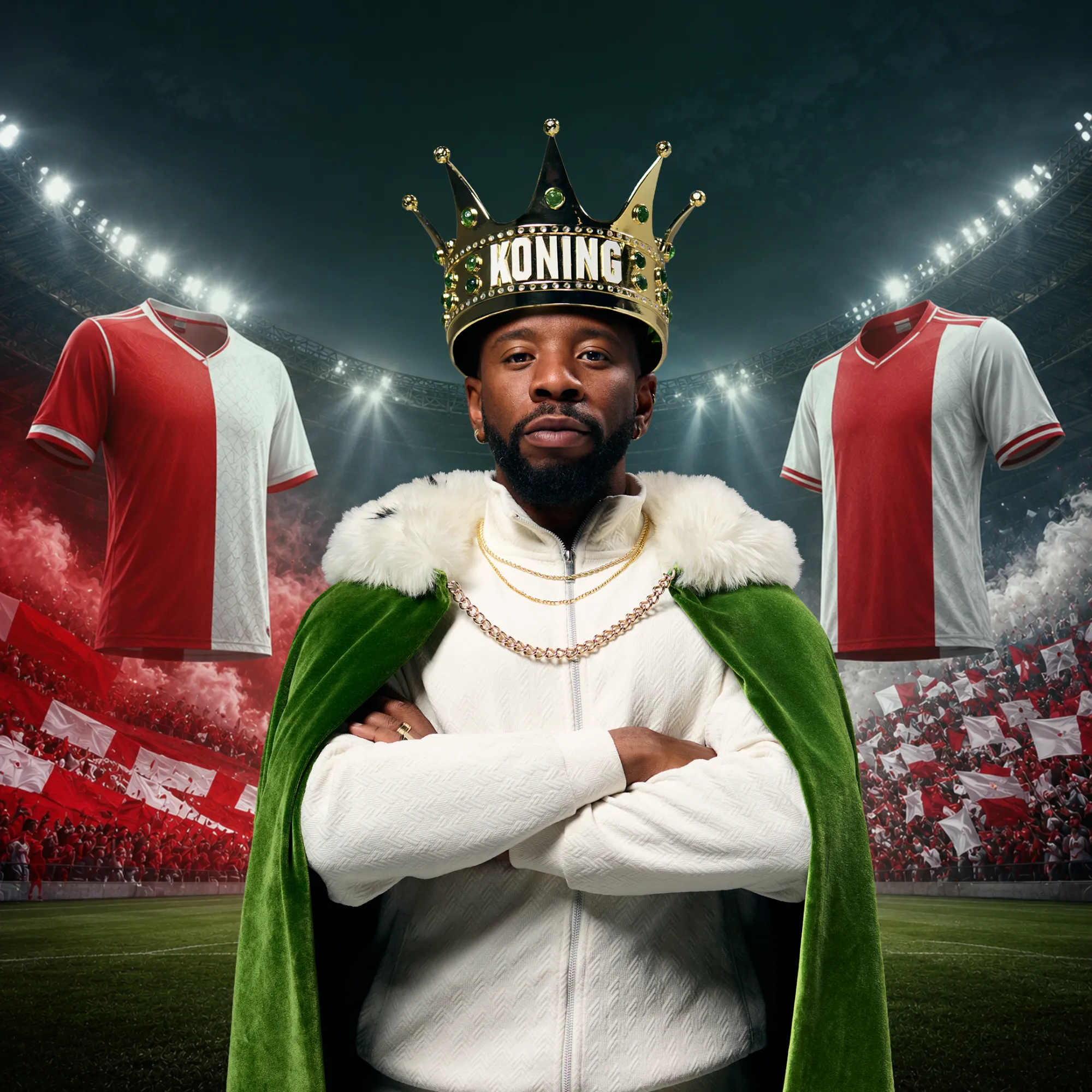 Man met koningkroon en groene mantel in stadion met rood-witte voetbalshirts