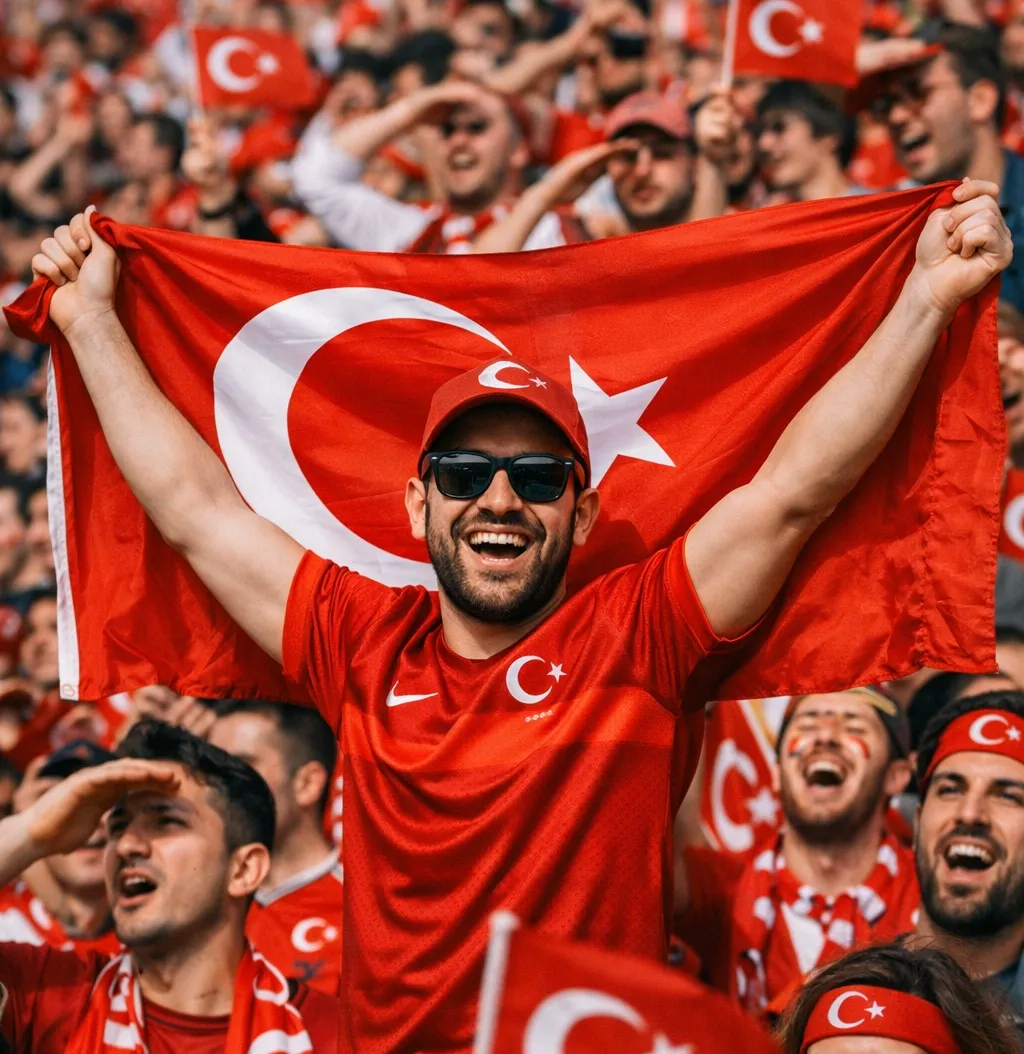 Fan met Turkse vlag en rood shirt tijdens sportevenement