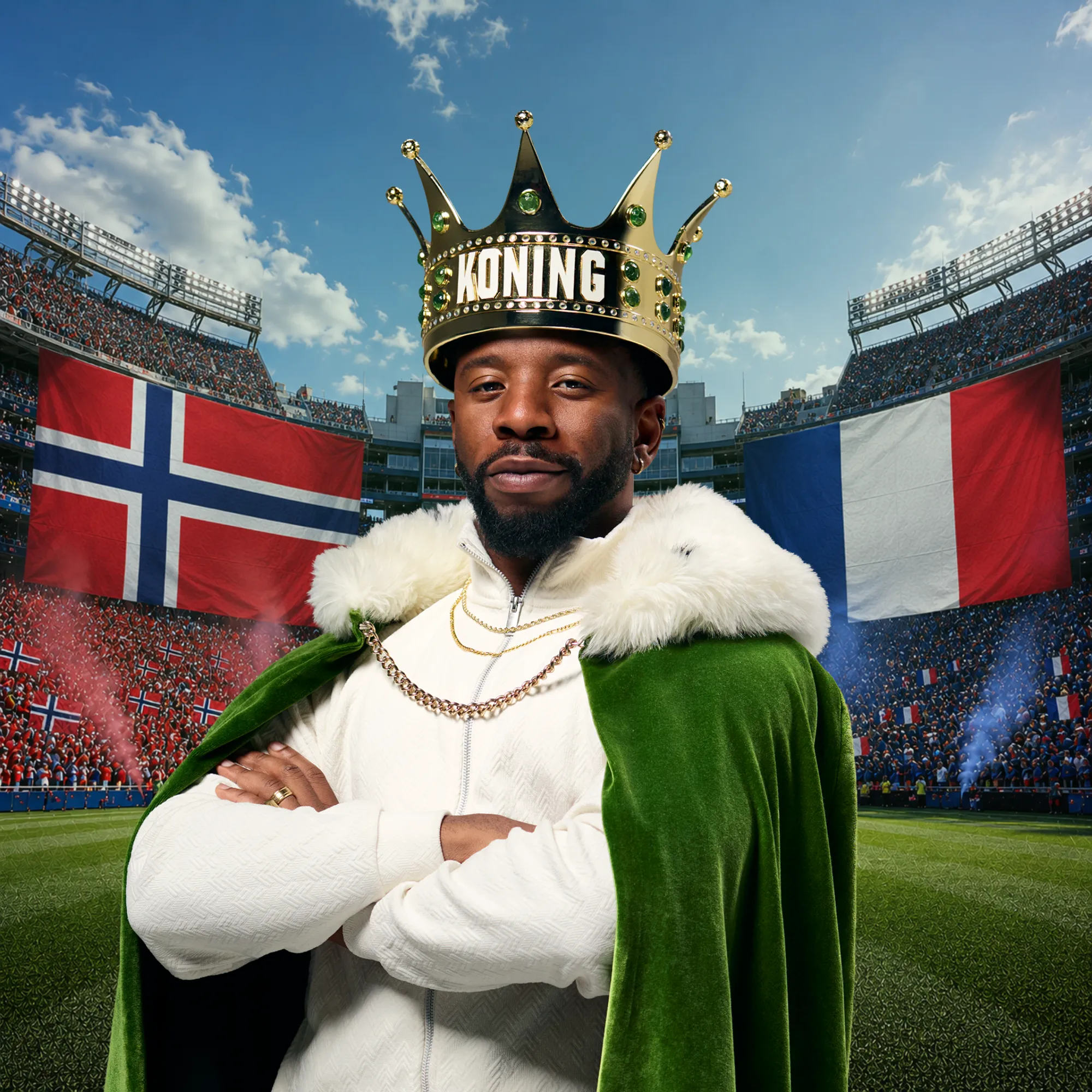 Man met groene koningsmantel en kroon met 'KONING' in voetbalstadion met vlaggen
