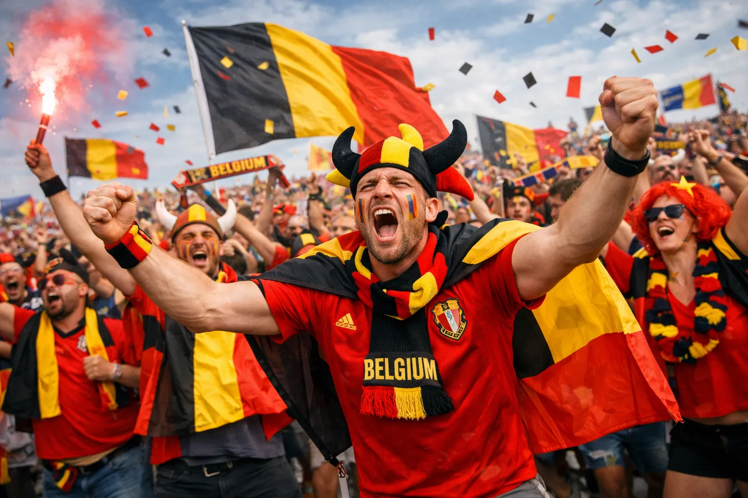 Vrolijke supporters met Belgische vlaggen vieren tijdens een voetbalwedstrijd