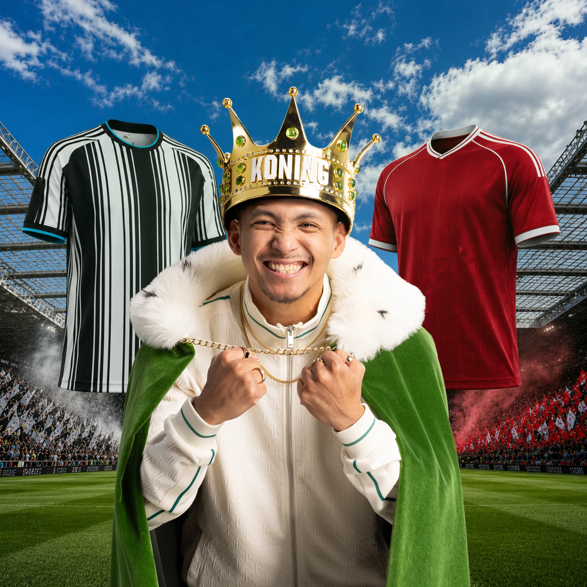 Man met kroon en cape in stadion tussen twee voetbalshirts
