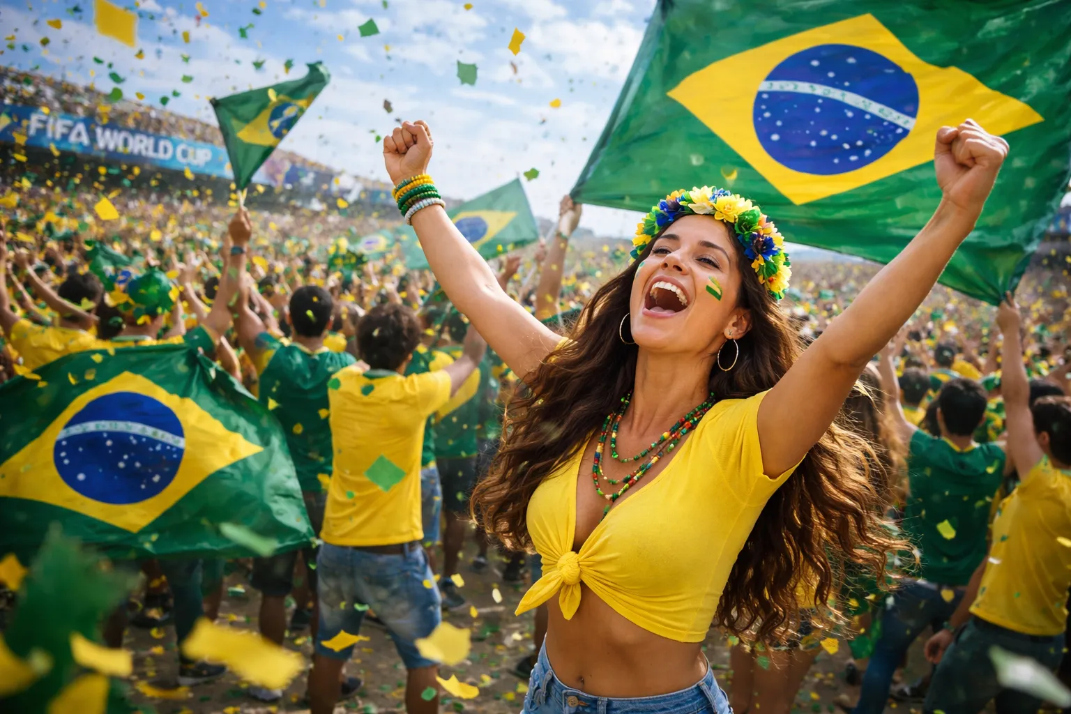 Voetbalfans juichen met Braziliaanse vlaggen en confetti