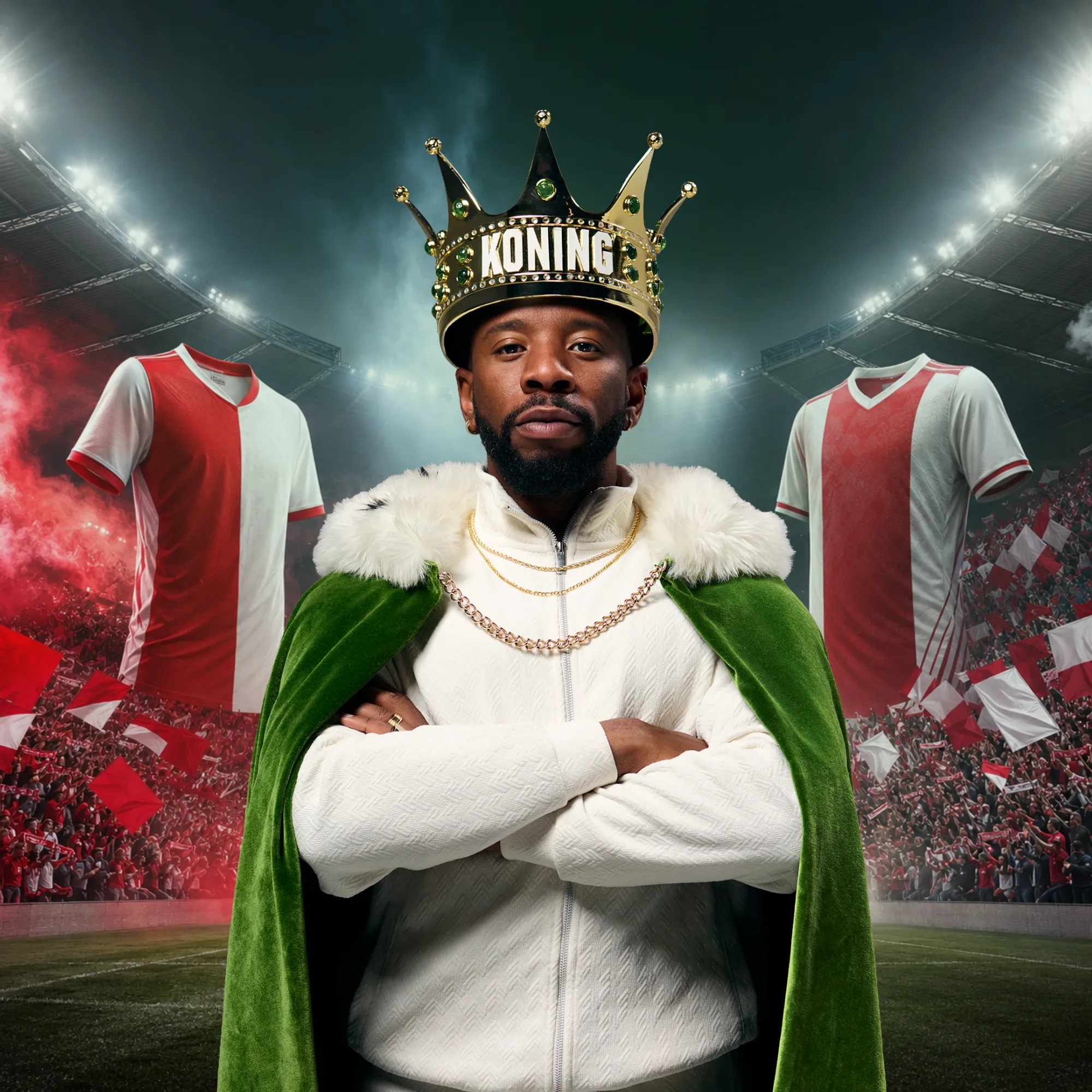 Man met kroon Koning en groene mantel in stadion met rood-witte voetbalshirts