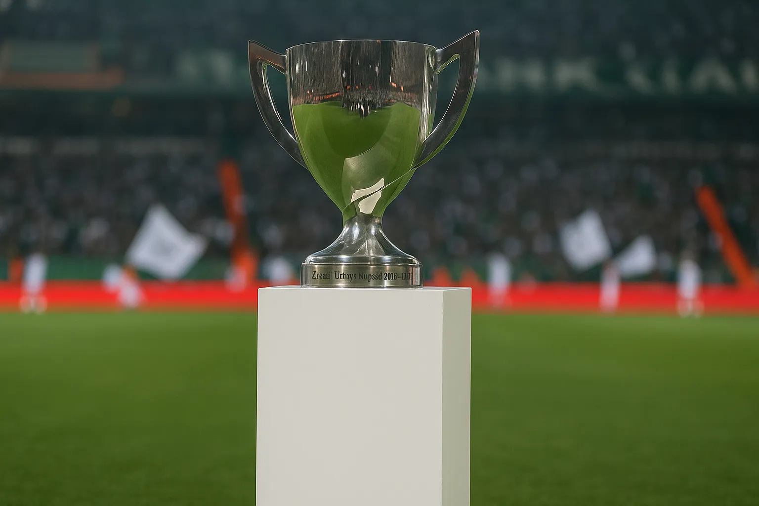 Zilverkleurige trofee op witte sokkel met een voetbalstadion op de achtergrond