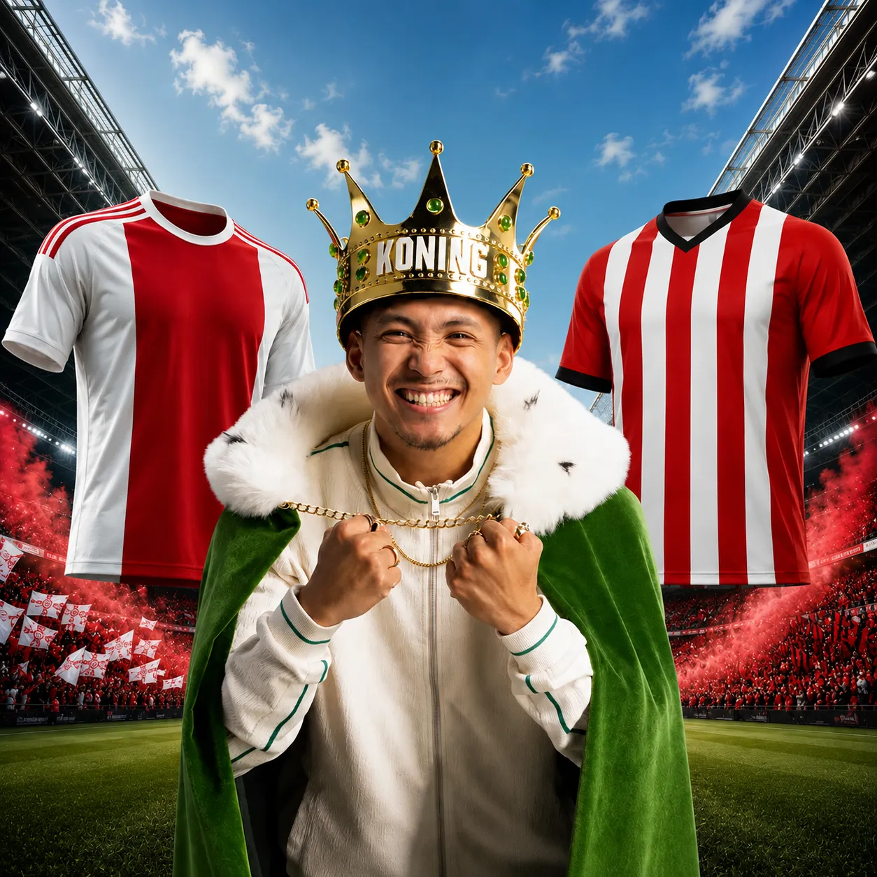 Man met gouden kroon en groene cape tussen voetbalshirts in stadion