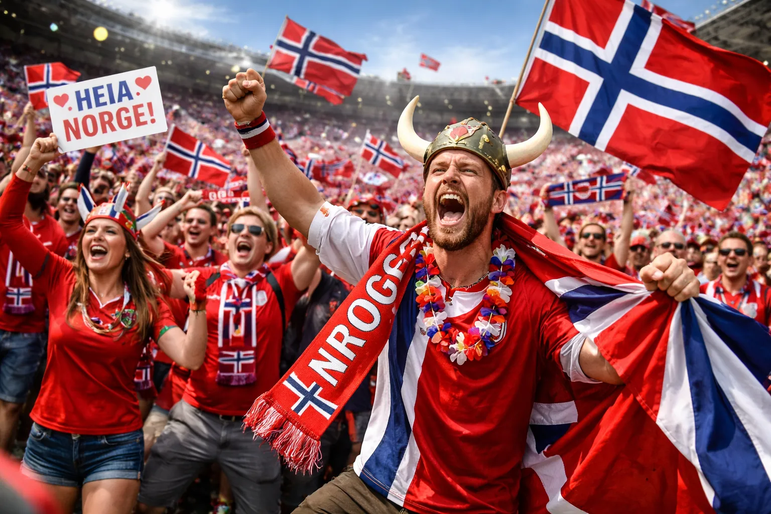 Noorse fans vieren in rood, wit en blauw met vlaggen en sjaals