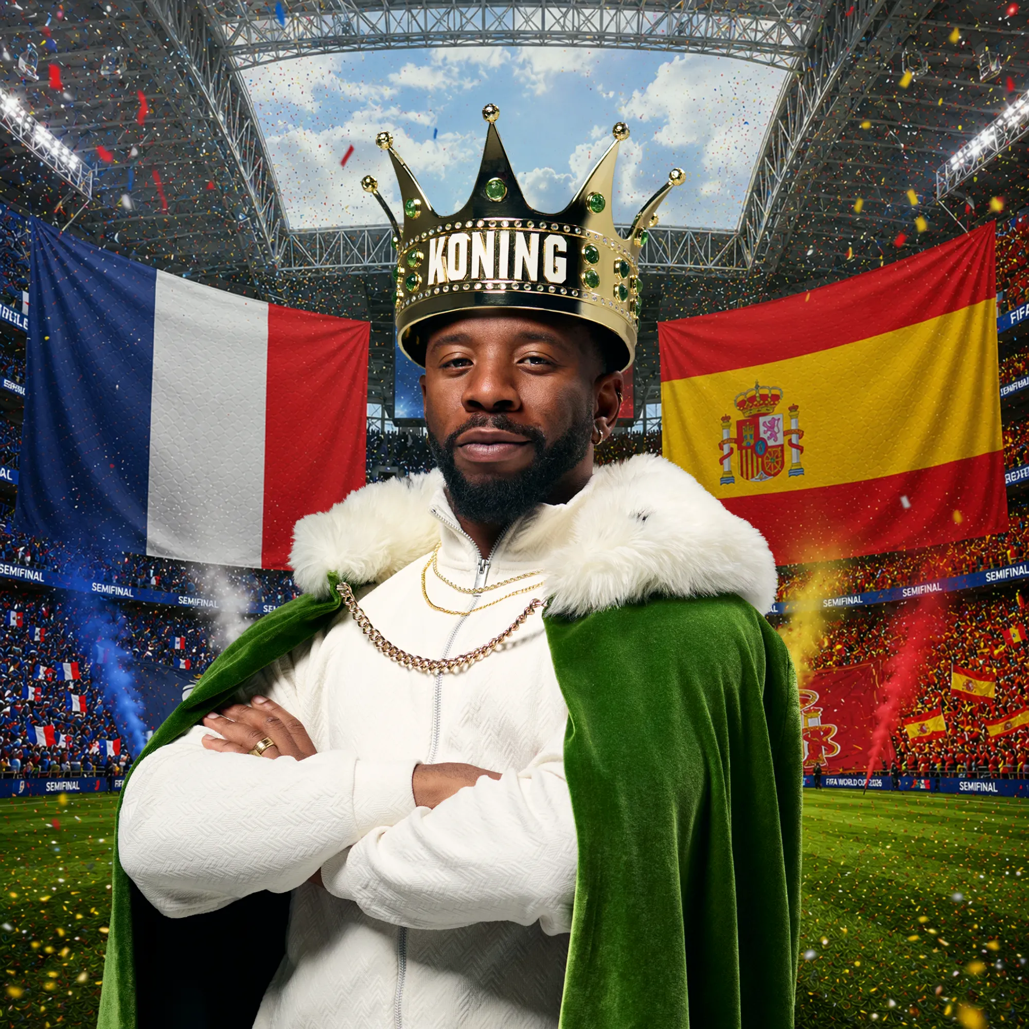 Man met kroon met tekst KONING in stadion met Franse en Spaanse vlag