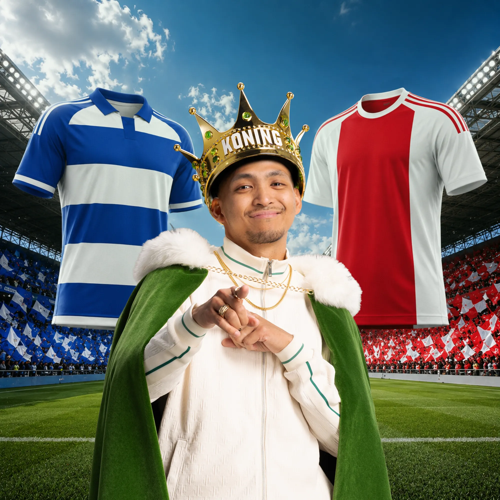 Man met koningskroon en cape voor twee voetbalshirts in stadion