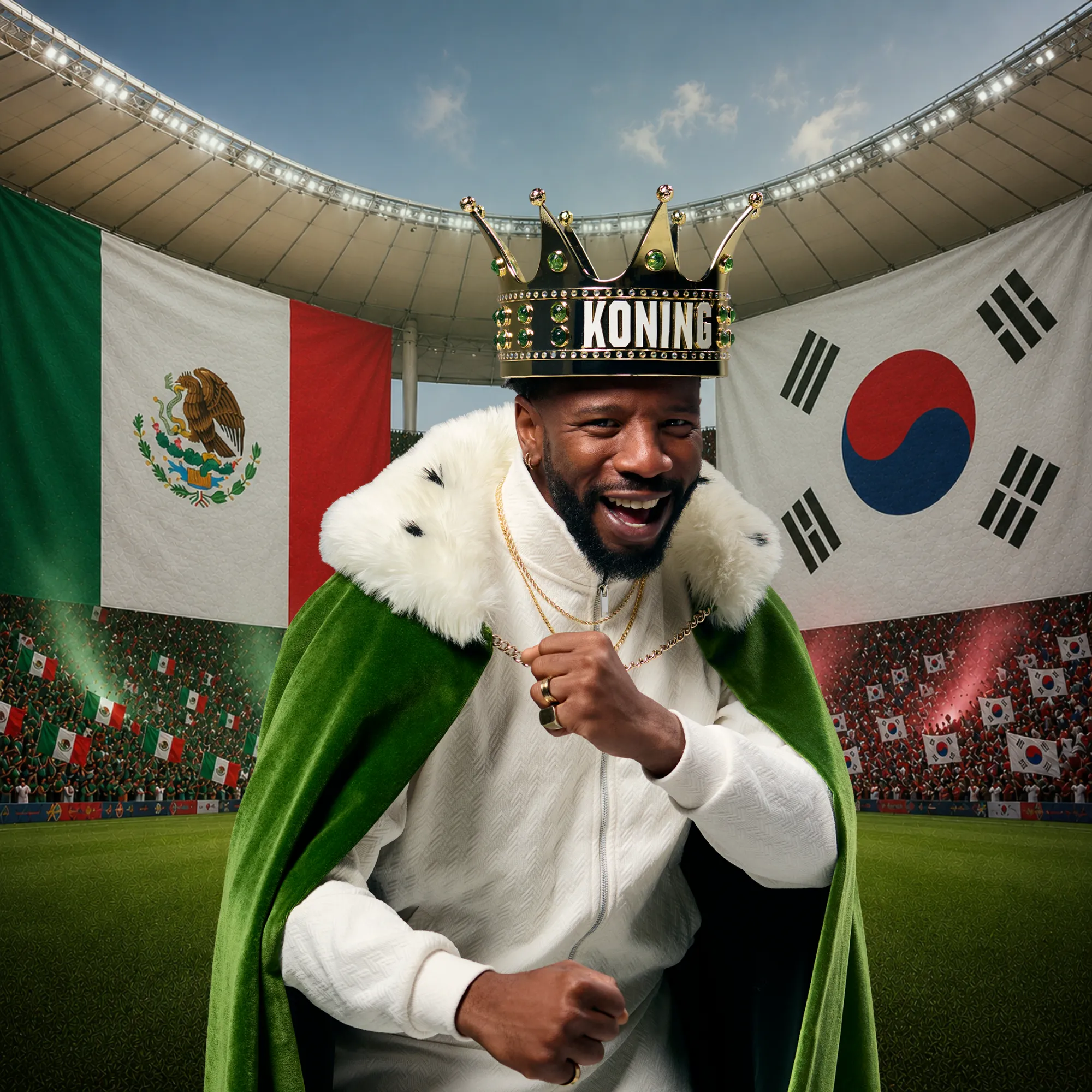 Persoon met groene koningsmantel en kroon met tekst KONING in voetbalstadion met Mexicaanse en Zuid-Koreaanse vlag
