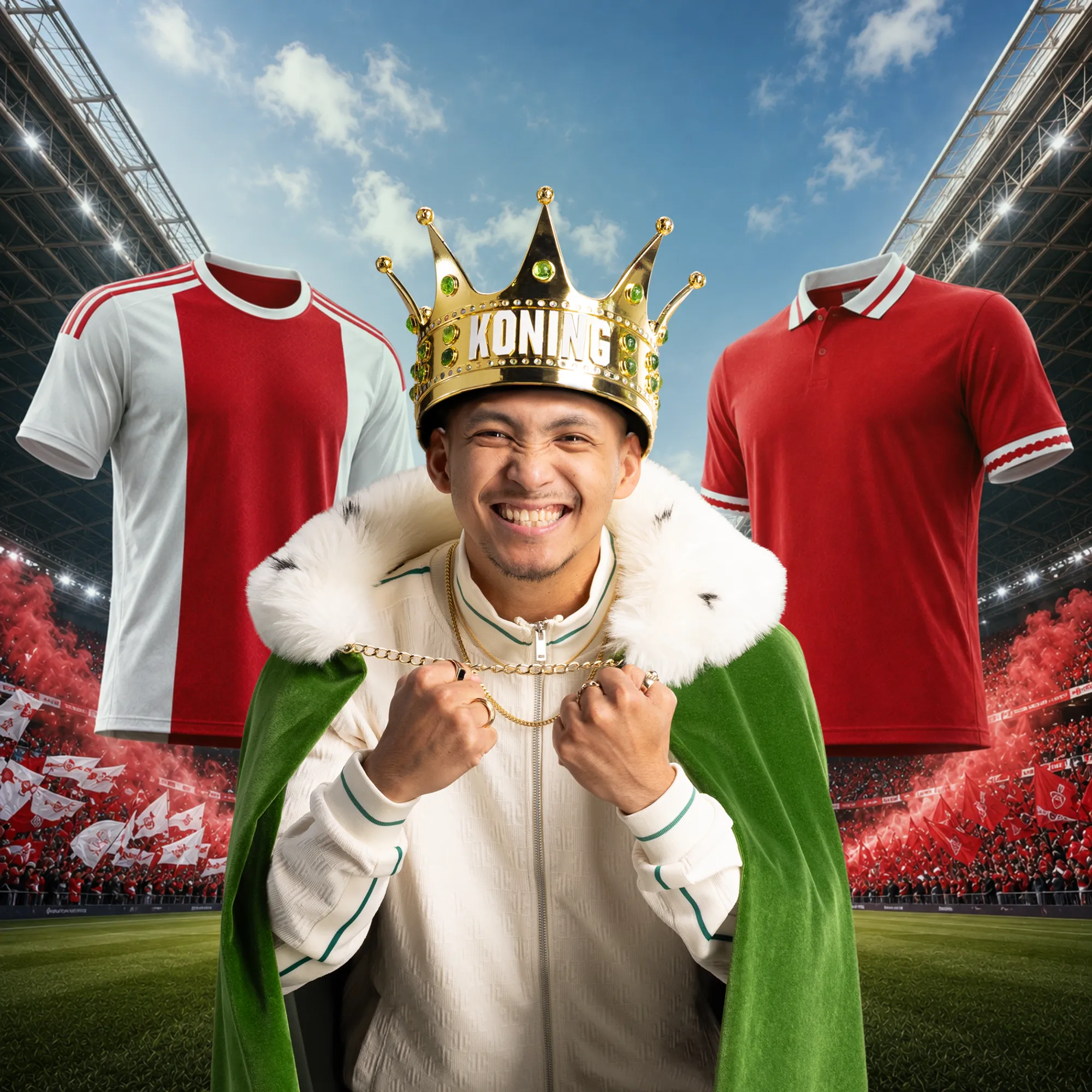 Man met koningskroon en groene mantel tussen twee voetbalshirts in stadion