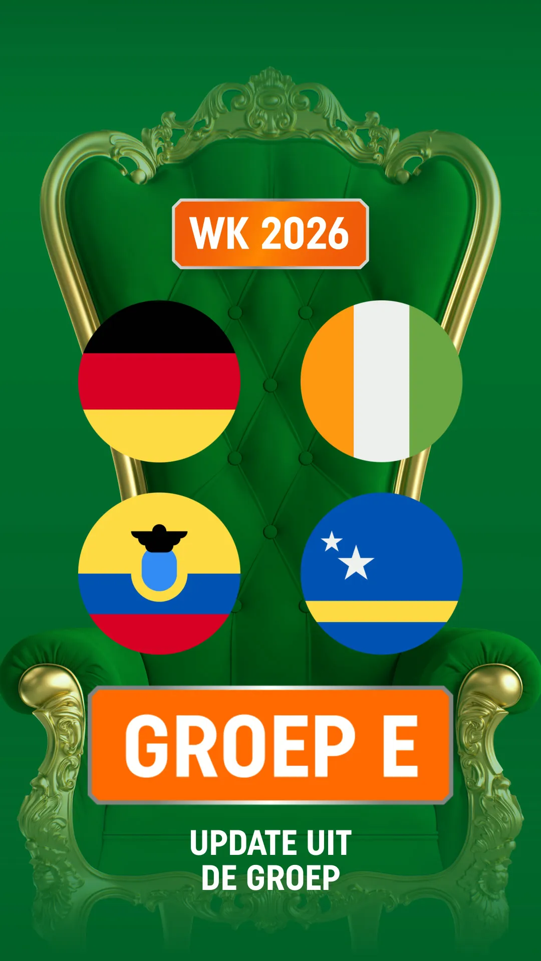 WK 2026 Groep E met Duitse, Ivoriaanse, Ecuadoriaanse en Samoaanse vlaggen op een koninklijke groene en gouden troon