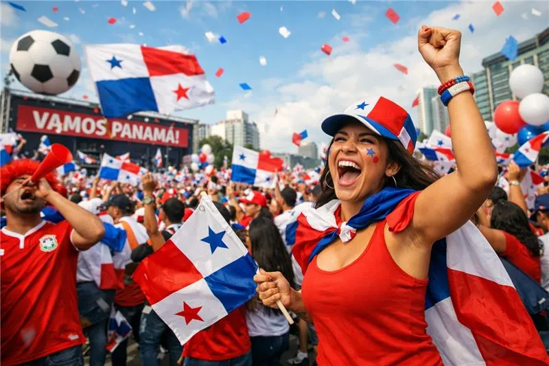 Vrolijke supporters met vlaggen van Panama tijdens een voetbalwedstrijd