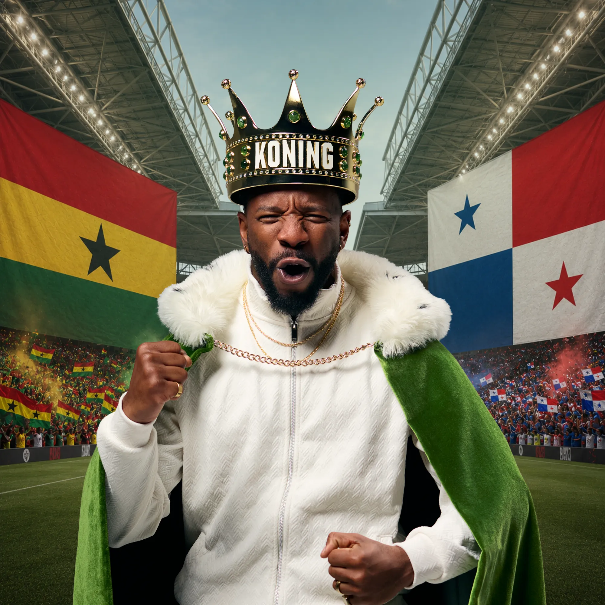 Man met kroon en koningsmantel in stadion met Ghana en Panama vlaggen
