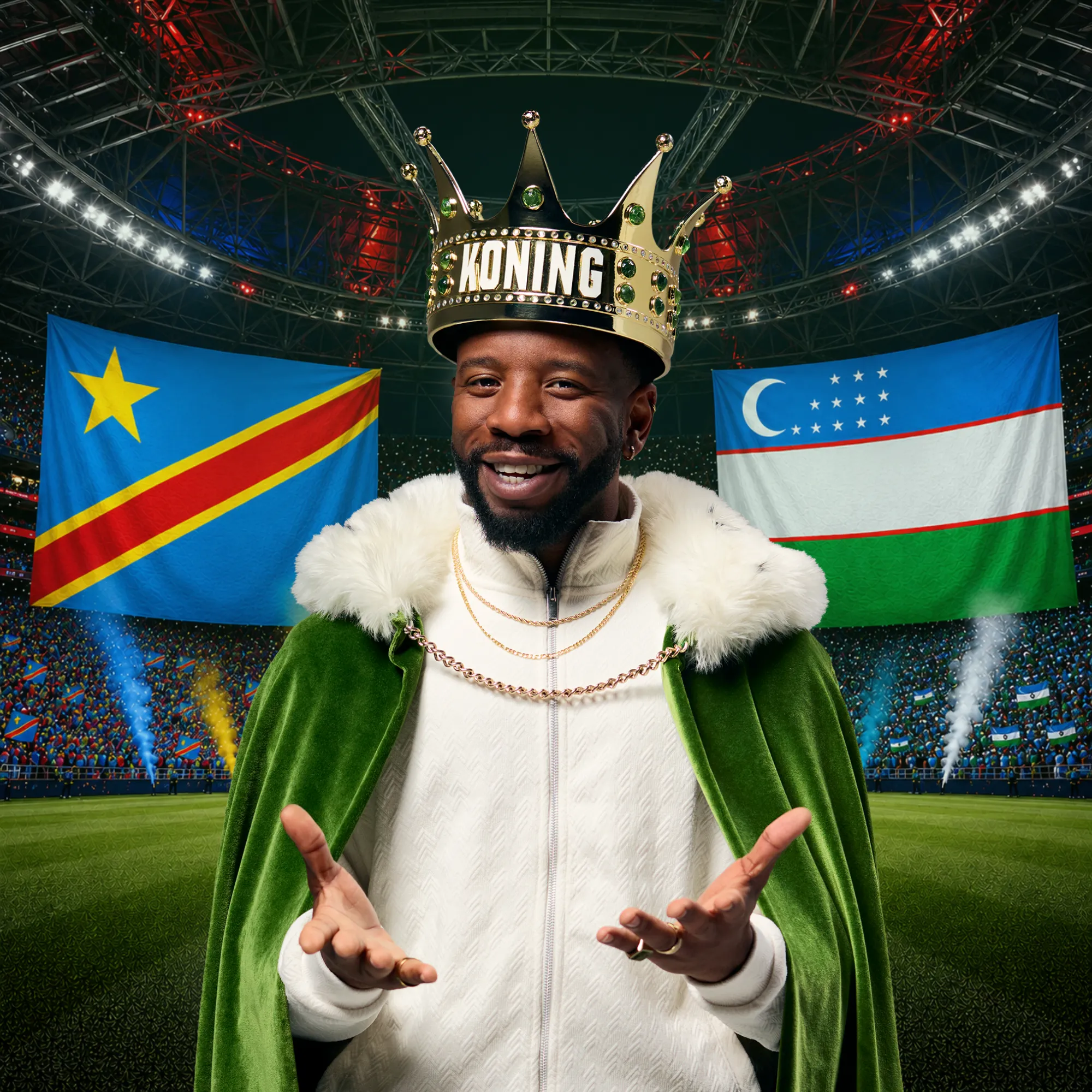 Persoon met koningskroon en groene mantel op het voetbalveld met vlaggen van Congo en Oezbekistan