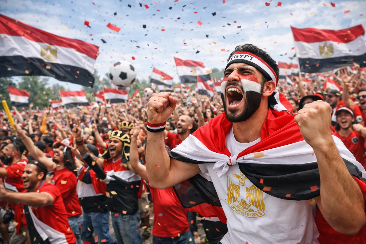 Voetbalfans met Egyptische vlaggen juichen en vieren