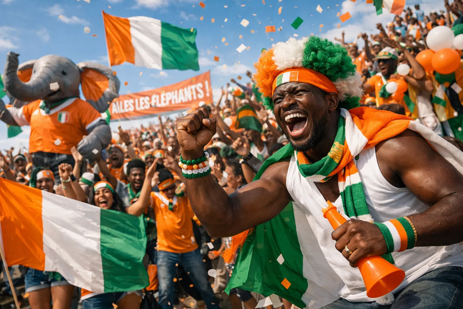 Vrolijke voetbalsupporters in oranje, wit en groen met vlaggen en confetti