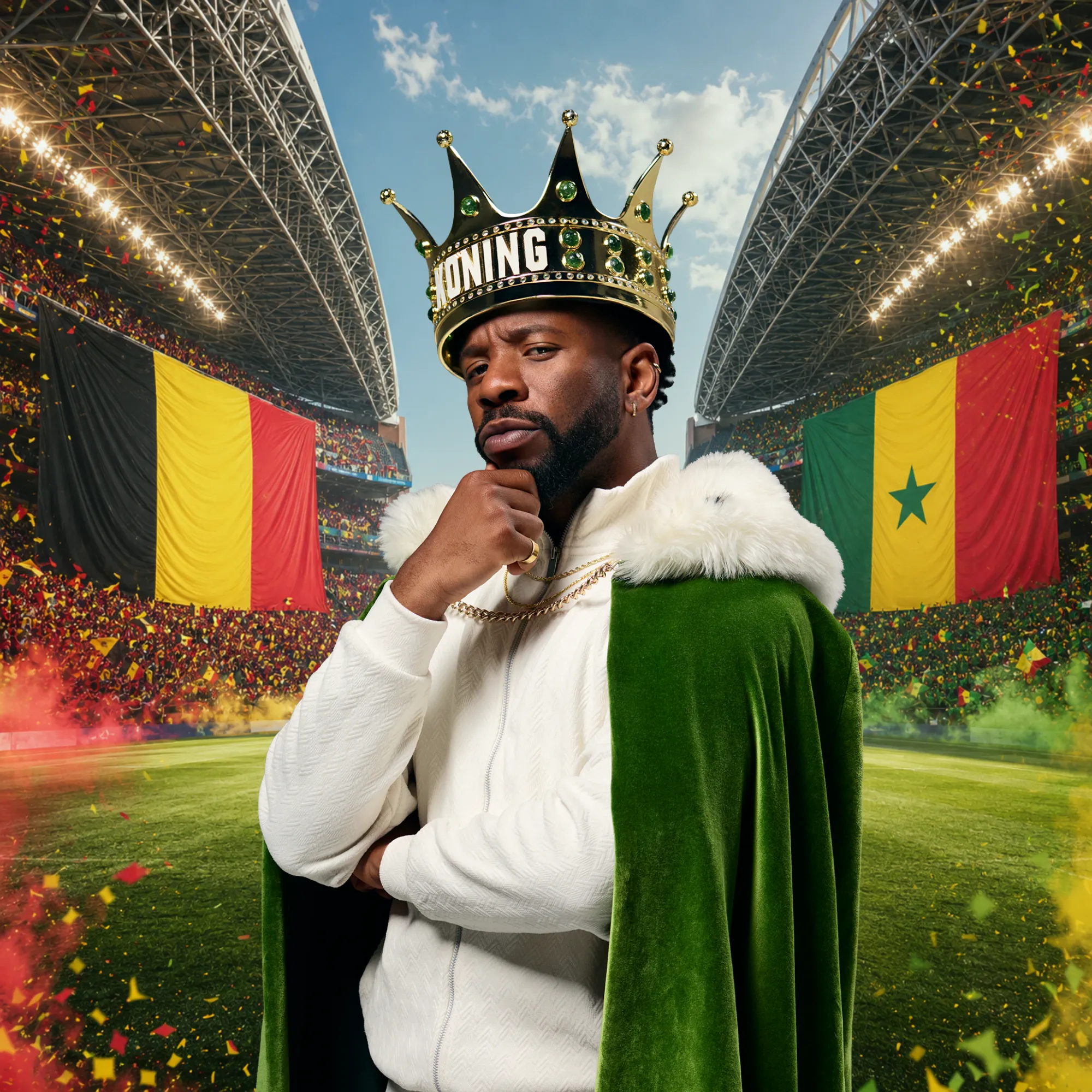 Man met kroon en groene mantel in stadion met Belgische en Senegalese vlag