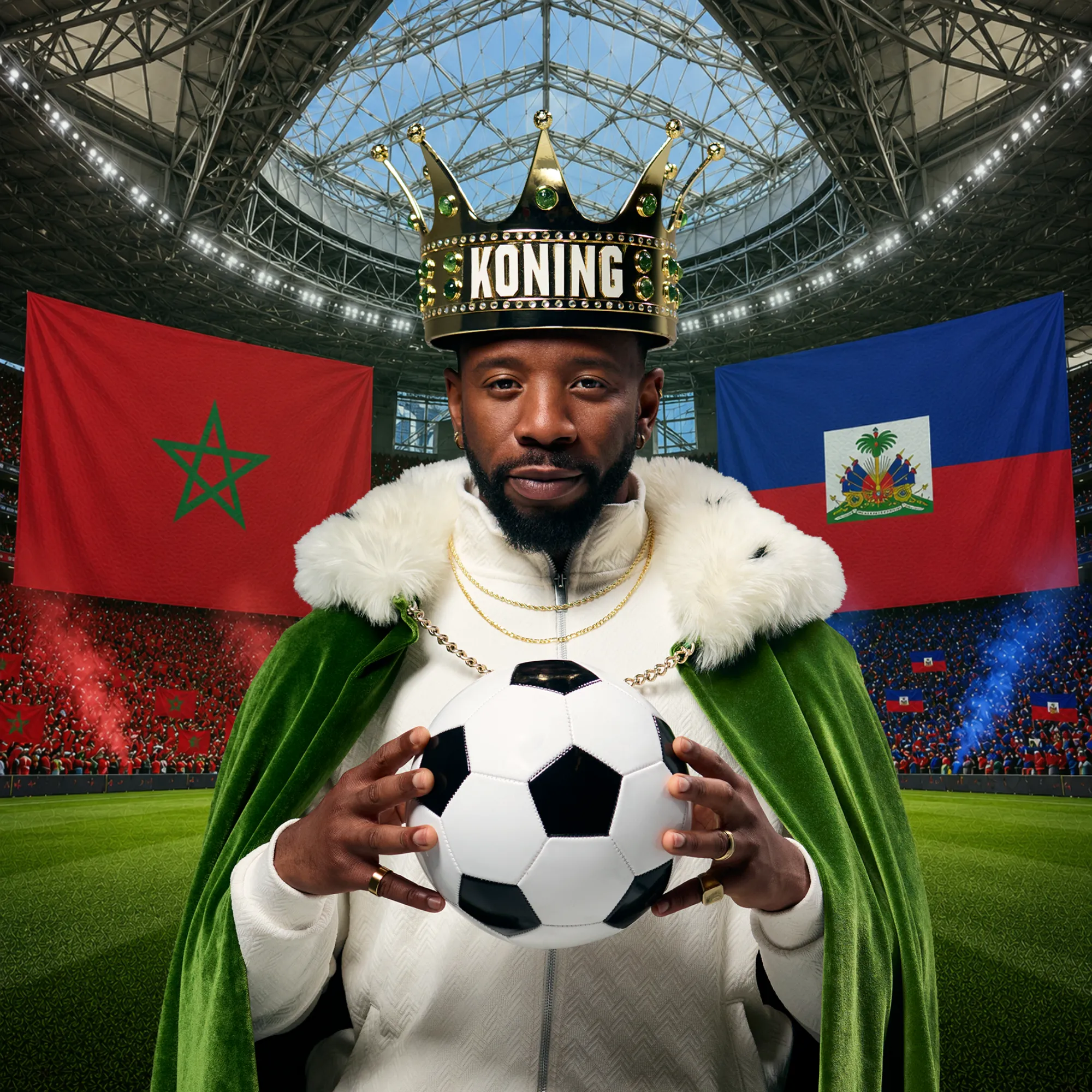 Persoon met kroon en groene cape die een voetbal vasthoudt op een stadionveld met vlaggen van Marokko en Haïti