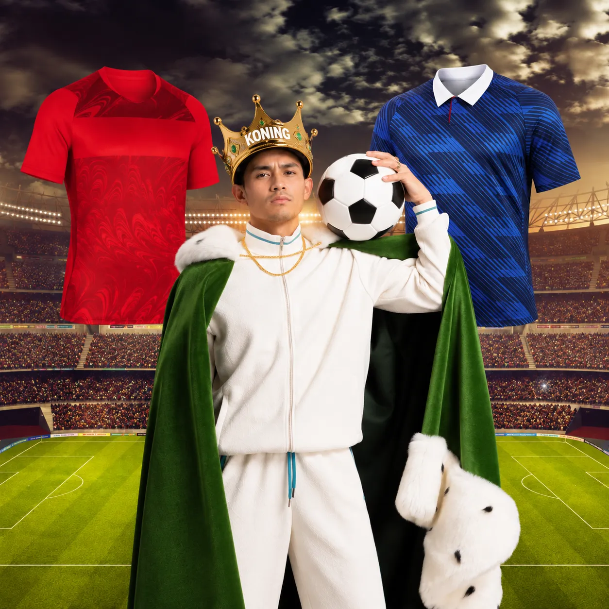 Voetbalspeler met koningkroon en bal tussen rood en blauw voetbalshirt in stadion