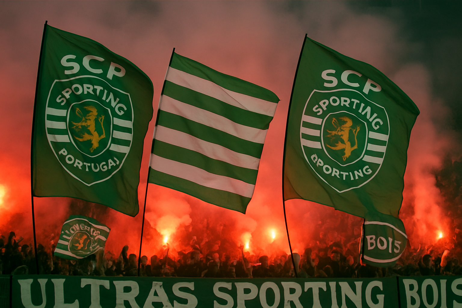Fakkels en vlaggen van Sporting Portugal in een sfeervolle menigte.