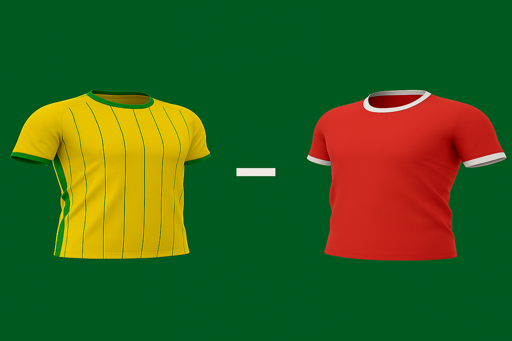 Je ziet twee voetbalshirt: het gele shirt met groene strepen van Ilves en het rode shirt van AZ.