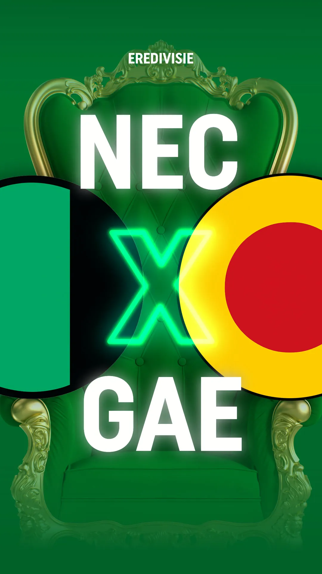 Eredivisie wedstrijd NEC tegen GAE met groene achtergrond en gouden stoel