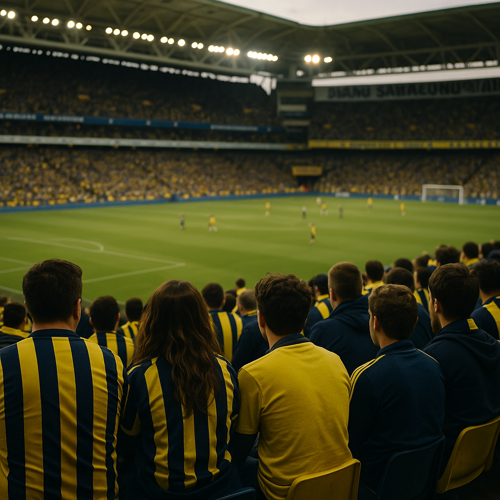 Supporters van Fenerbahce kijken naar een voetbalwedstrijd in een vol stadion.