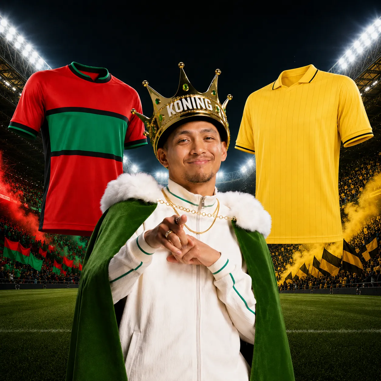 Man met kroon en cape wijst naar voren, met rood-groen en geel voetbalshirt op achtergrond in stadion