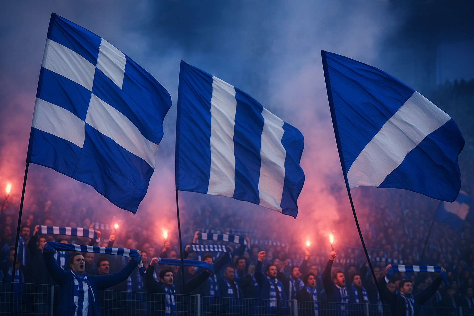 Supporters met blauwe vlaggen en fakkels in een sfeervolle stadionomgeving