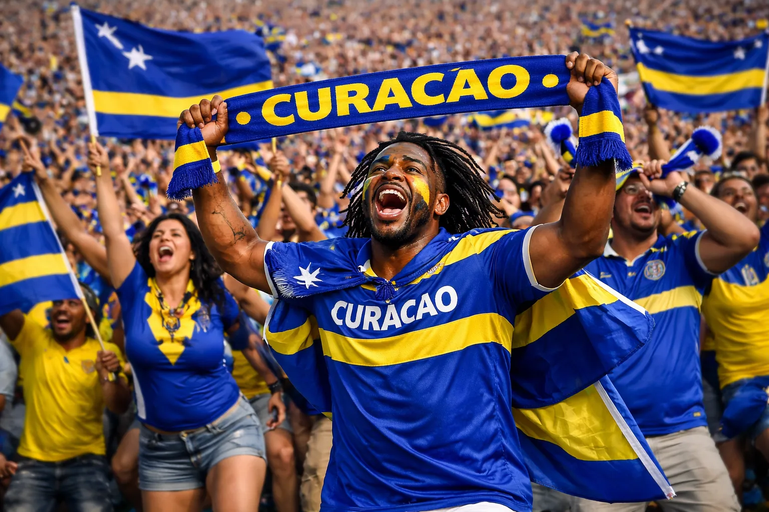 Fans in blauw en geel juichen met Curacao sjaal en vlag