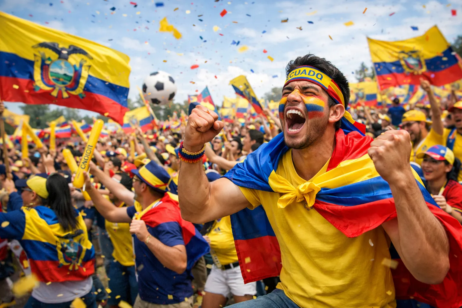 Juichende Ecuadoriaanse voetbalsupporters met vlaggen en confetti