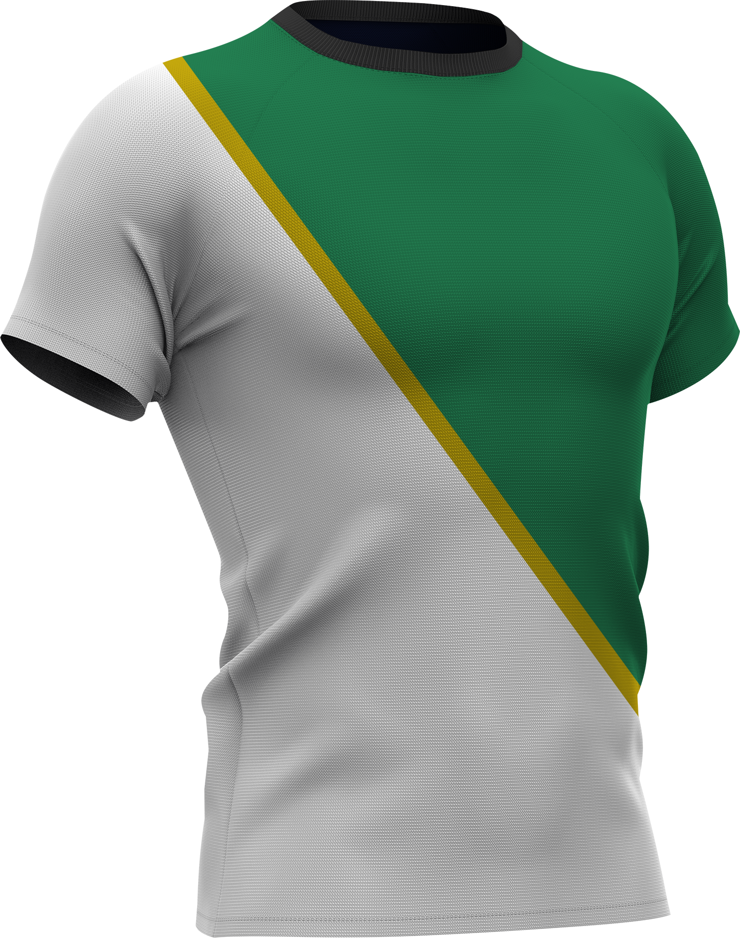 Sportshirt in groen, wit en geel met een dynamisch ontwerp.