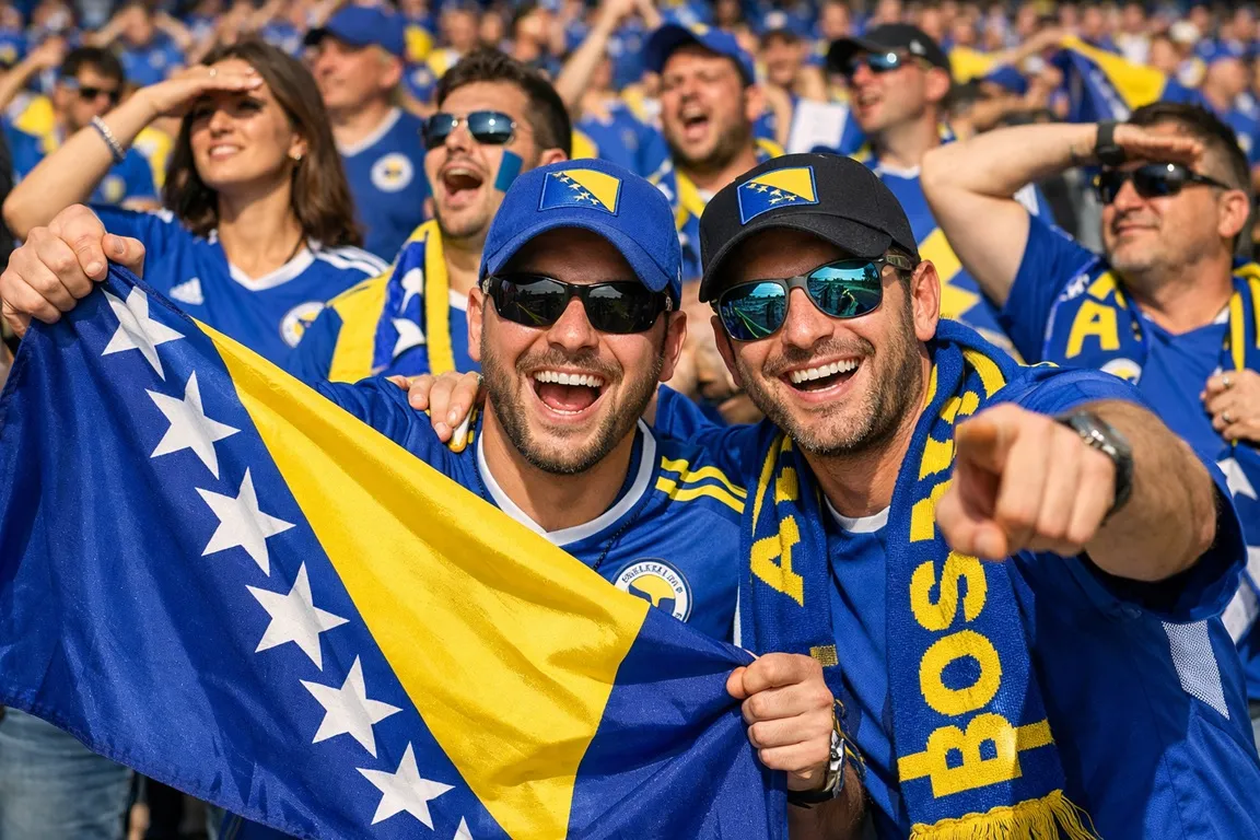 Bosnische supporters met vlag en sjaal in blauw en geel