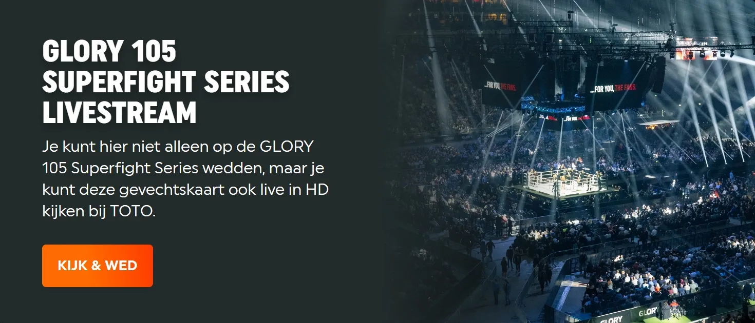 Arena vol lichteffecten met tekst Wed en kijk de GLORY Superfights Series bij TOTO