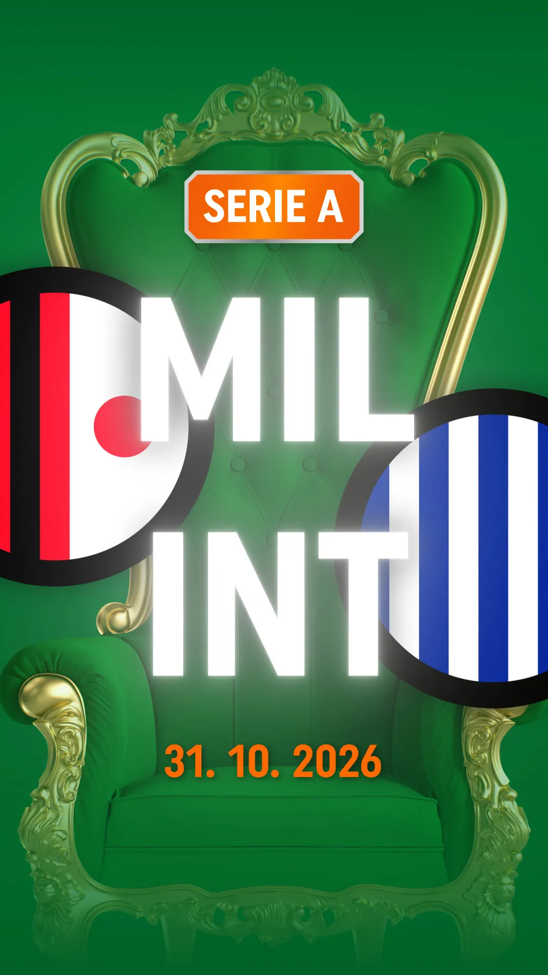 Serie A wedstrijd Milan tegen Inter op 31 oktober 2026 met groene designstoel