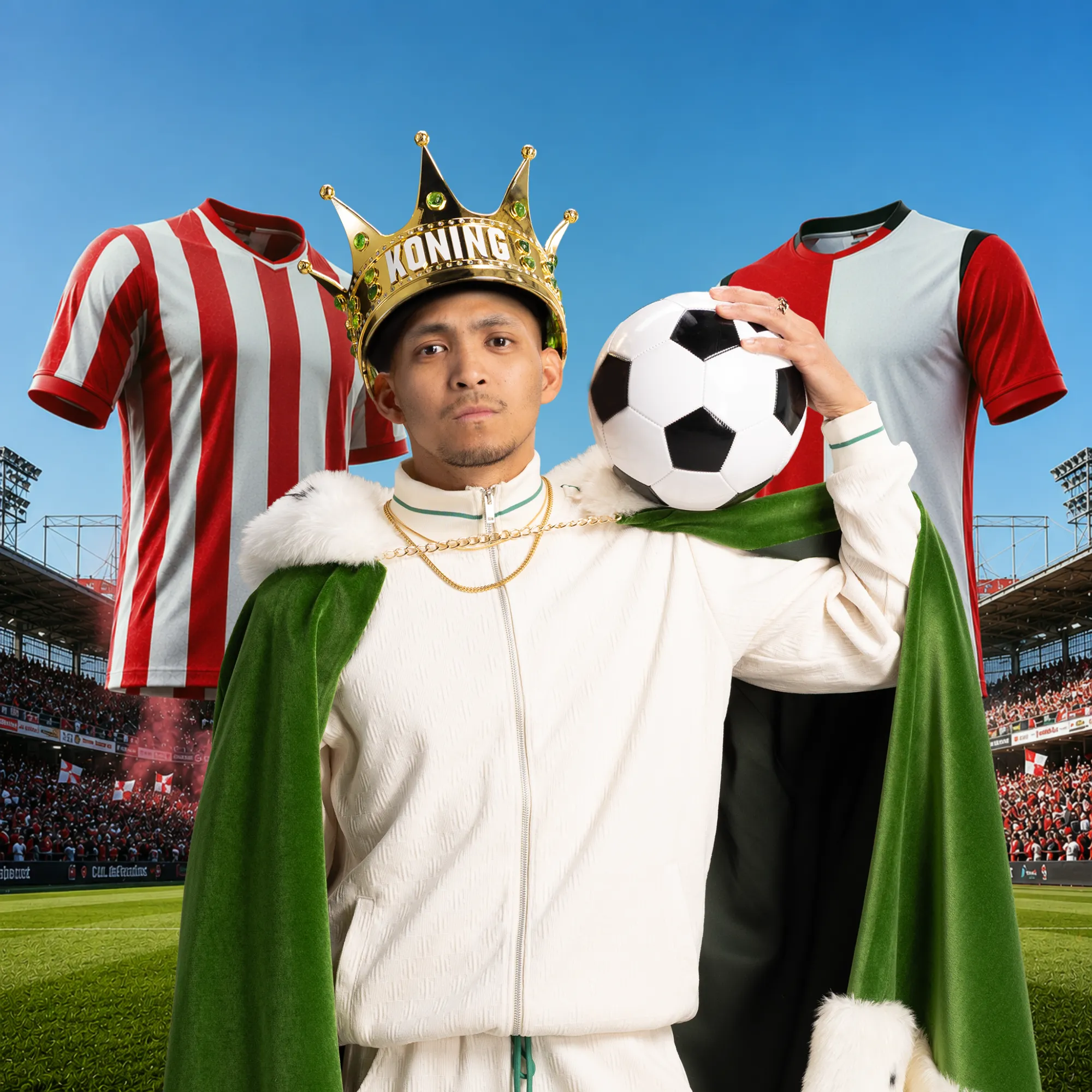 Man met koningskroon en voetbal in stadion, met voetbaltickets op achtergrond