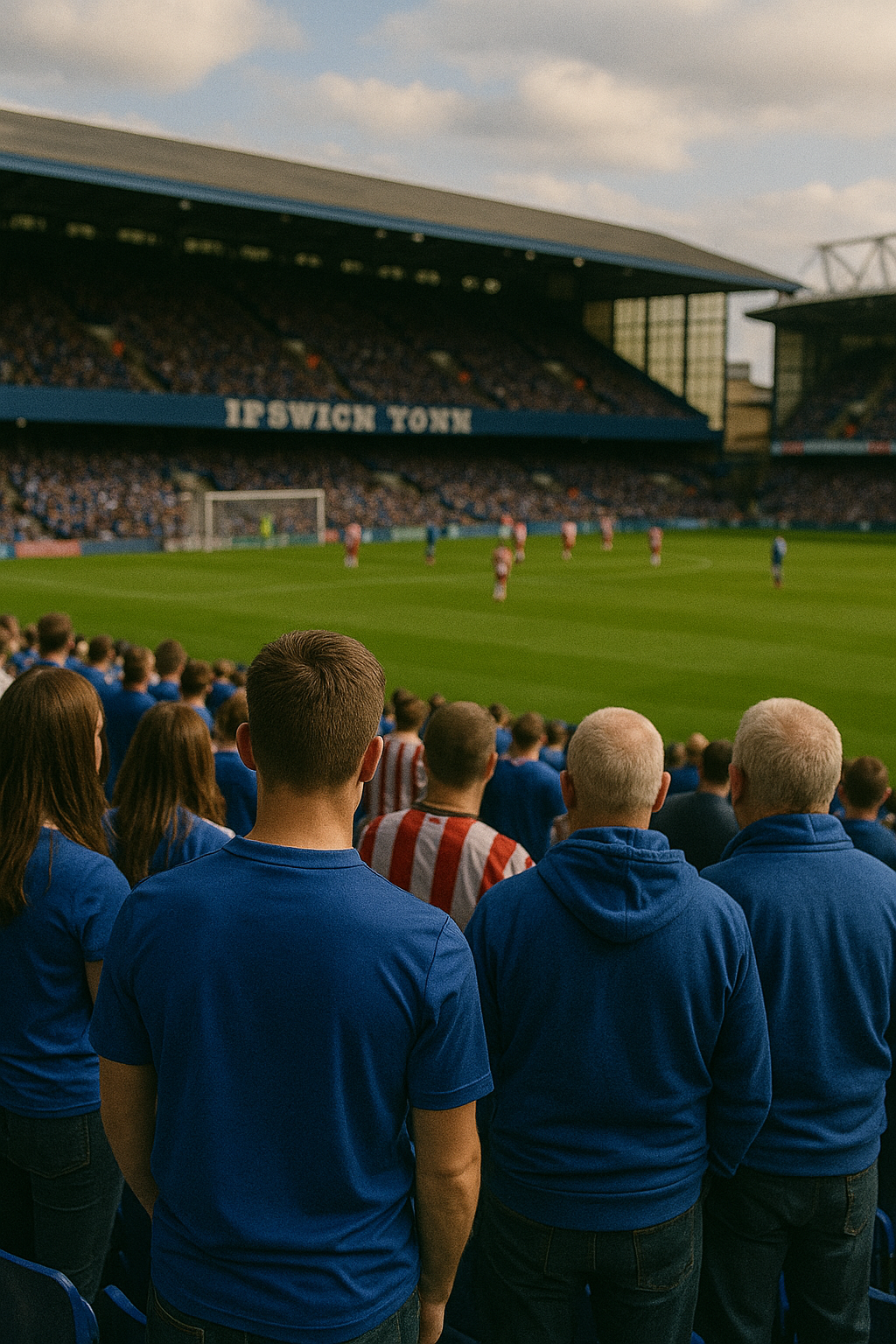 Supporters in blauwe shirts kijken naar een voetbalwedstrijd.