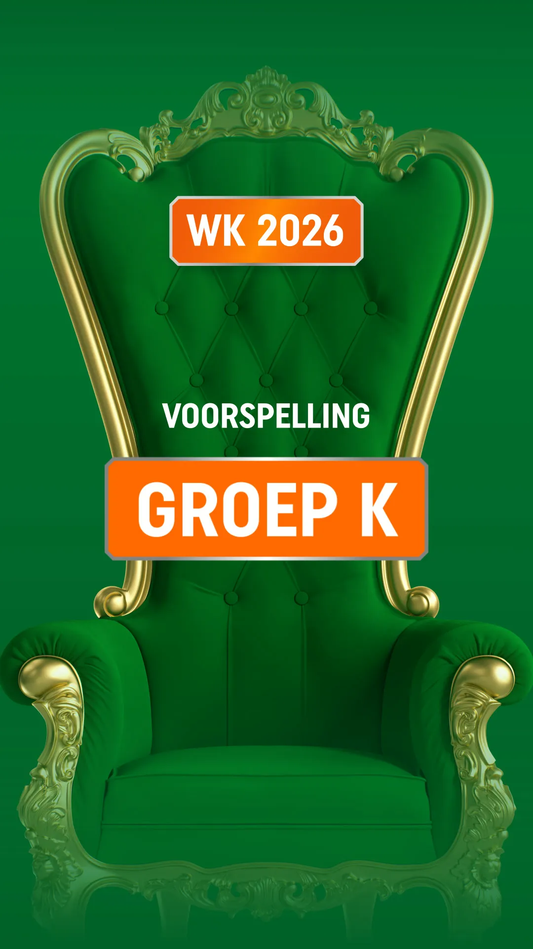 Groene en gouden troon met tekst WK 2026 voorspelling Groep K