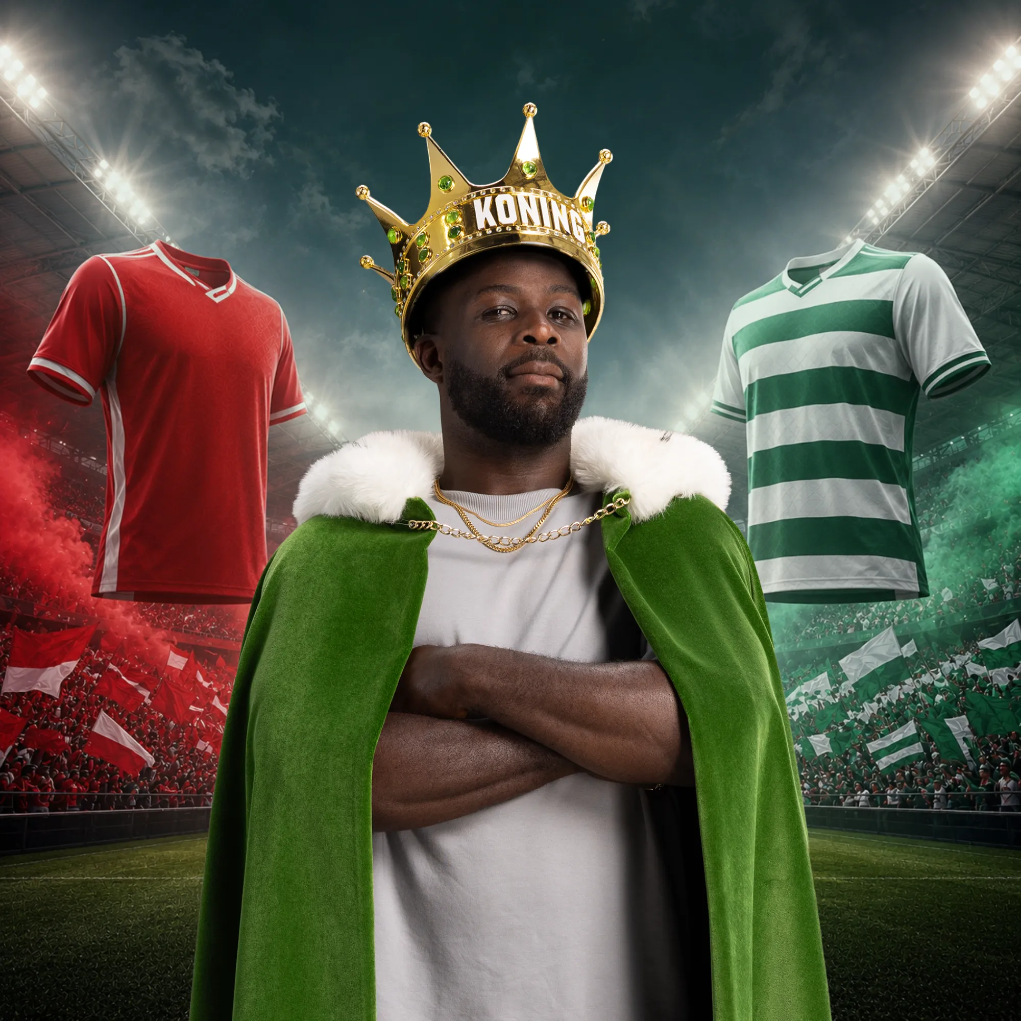 Man met koningkroon en groene mantel tussen rood en groen wit voetbalshirts