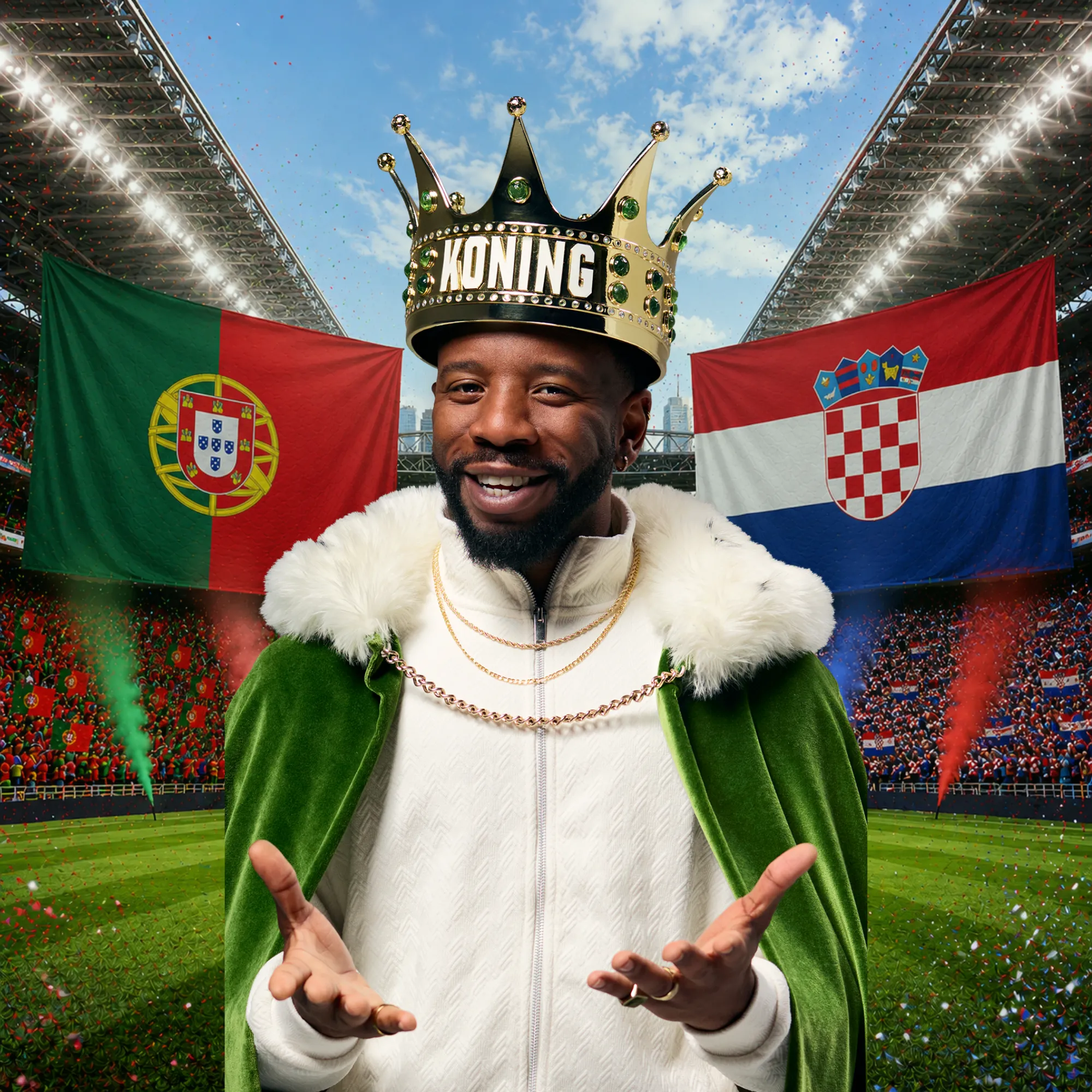 Man met gouden kroon 'KONING' in stadion met Portugese en Kroatische vlaggen