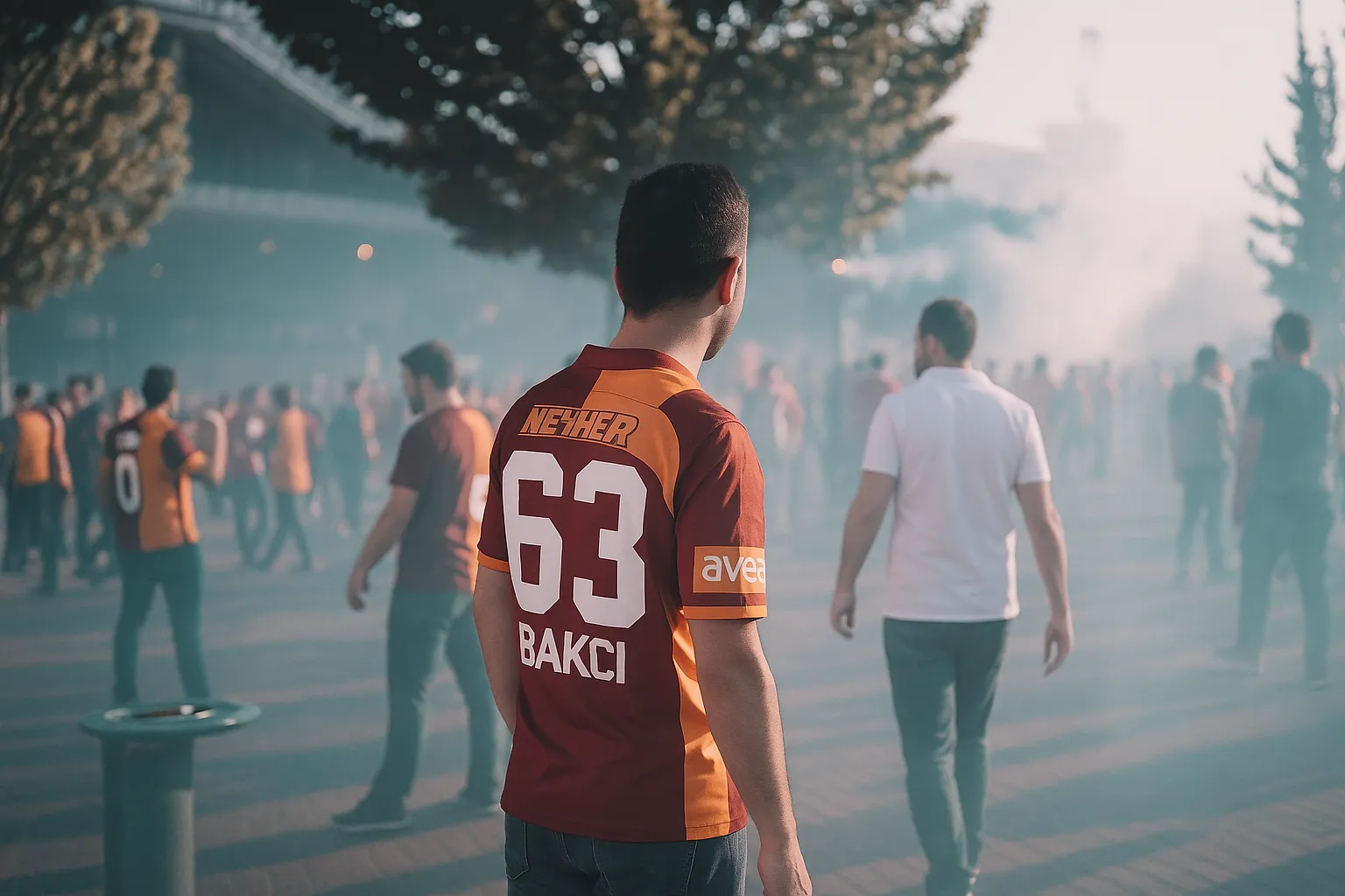 Galatasaray-supporter met shirt nummer 63 staat tussen fans bij het stadion, gehuld in rook en sfeer