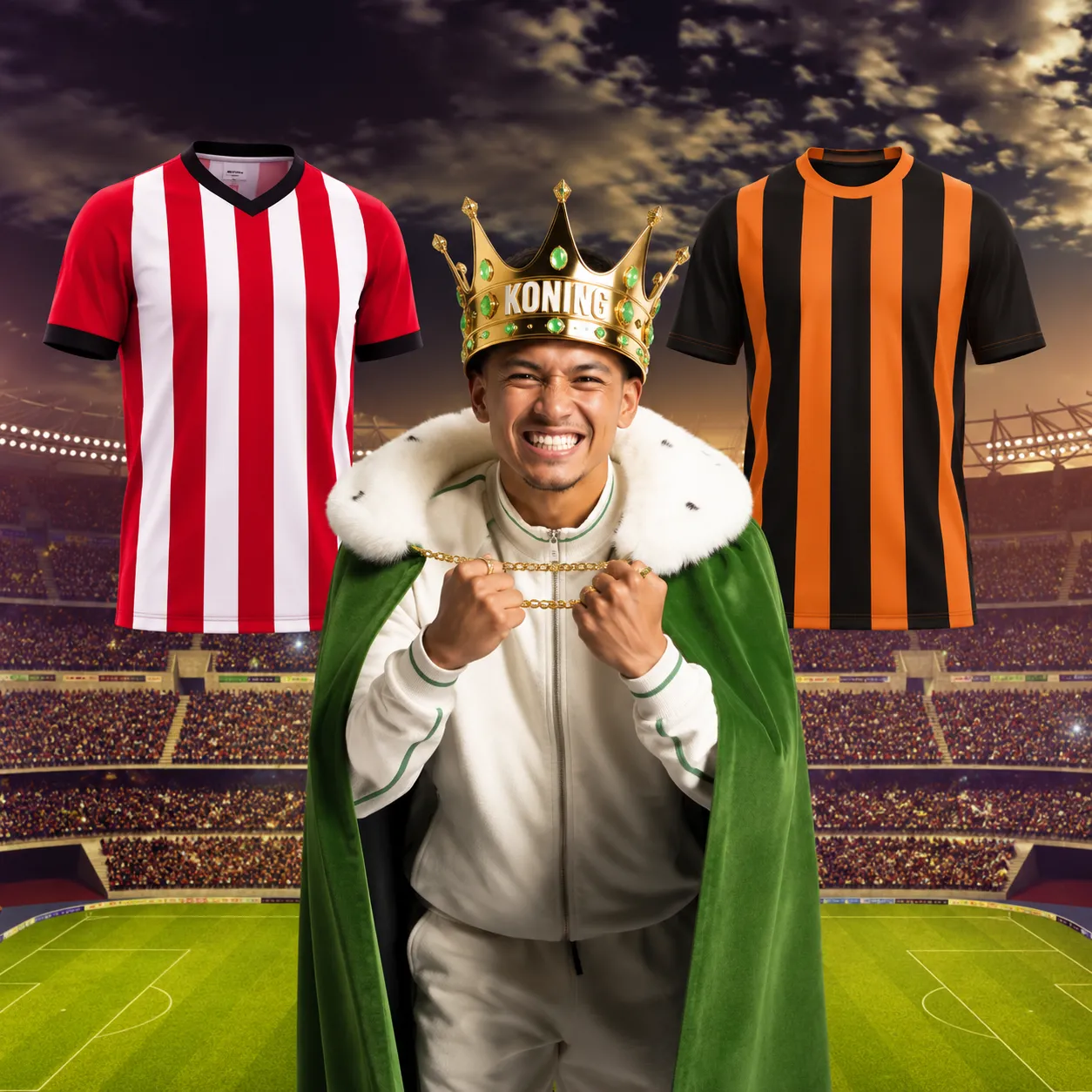 Voetbalwedstrijd met koning en twee voetbalshirts in stadion