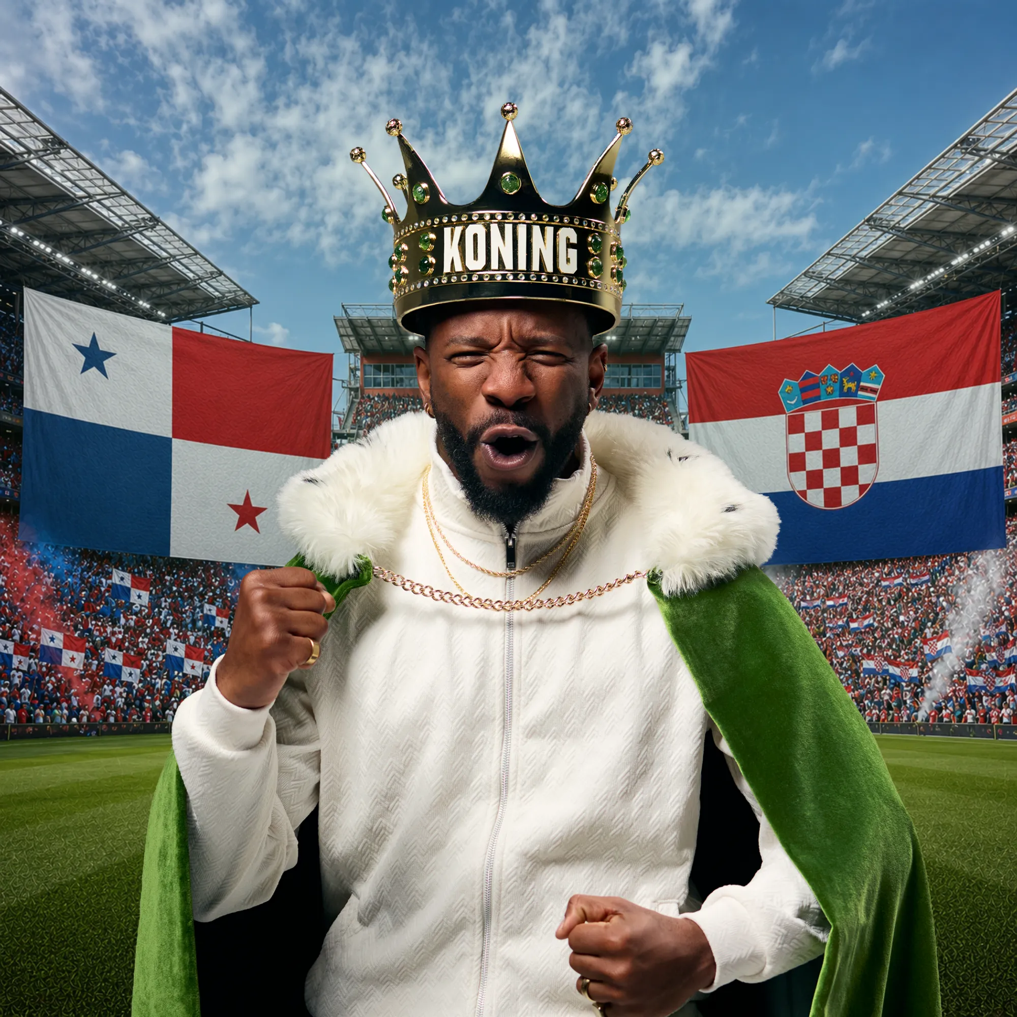 Persoon met kroon en koningsmantel in een stadion met vlaggen van Panama en Kroatië