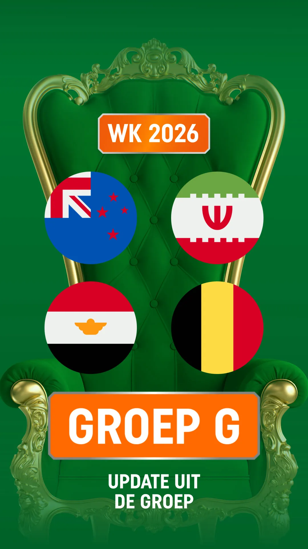 WK 2026 groepsupdate met vlaggen van Nieuw-Zeeland, Iran, Egypte en België op een groene en gouden troon