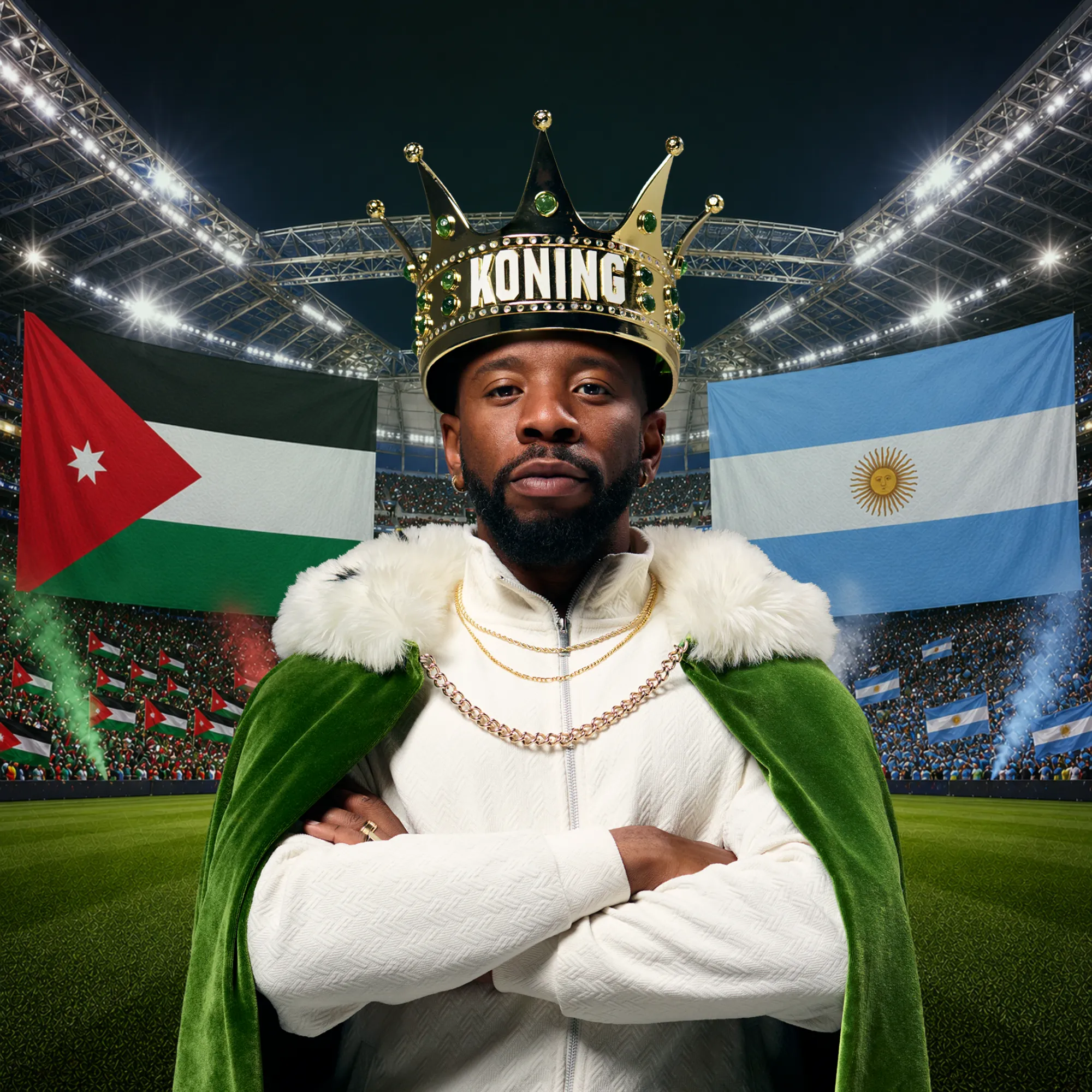 Man met kroon en koningsmantel op voetbalveld met vlaggen van Jordanië en Argentinië