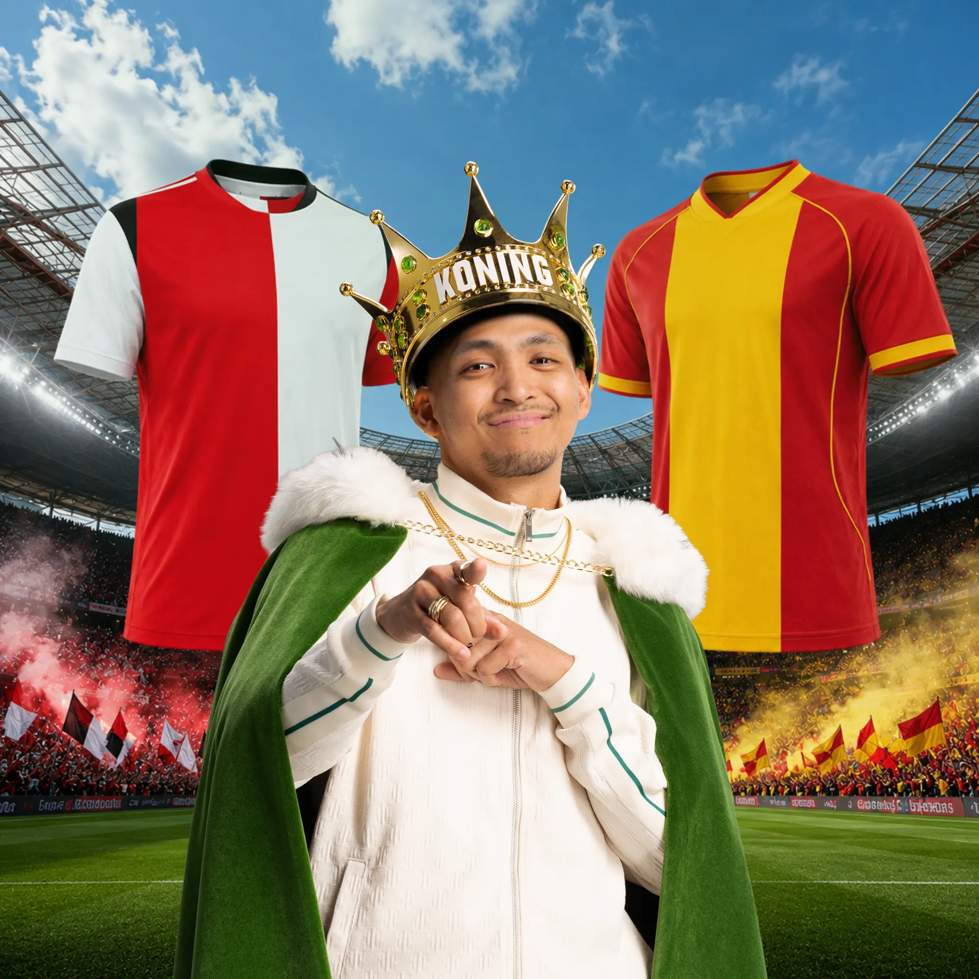 Man met een kroon en koningsmantel met twee voetbalshirts in een stadion