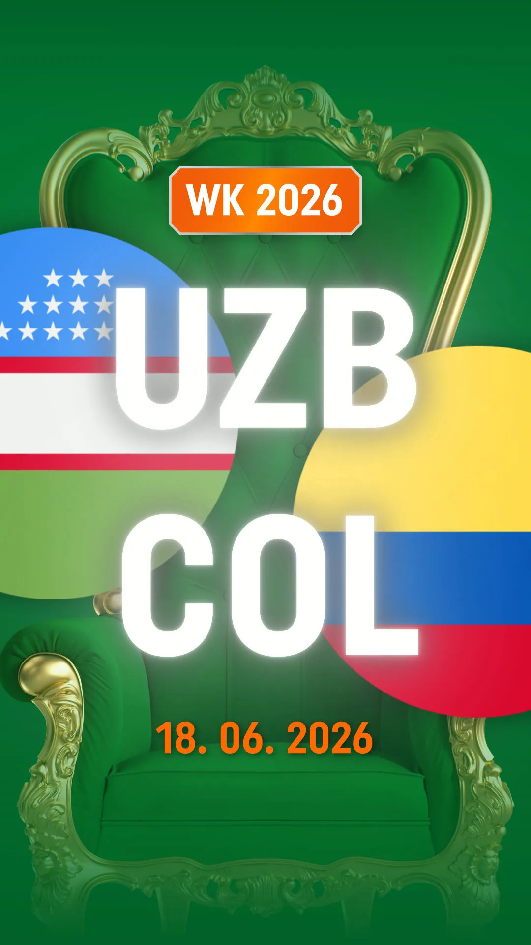WK 2026 wedstrijd tussen UZB en COL op 18 juni 2026 met vlaggen en groene stoel