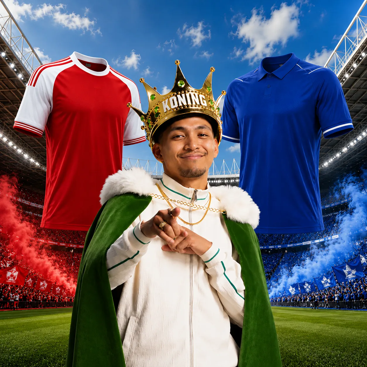 Man met kroon en groene mantel tussen rood en blauw voetbaltenue in stadion