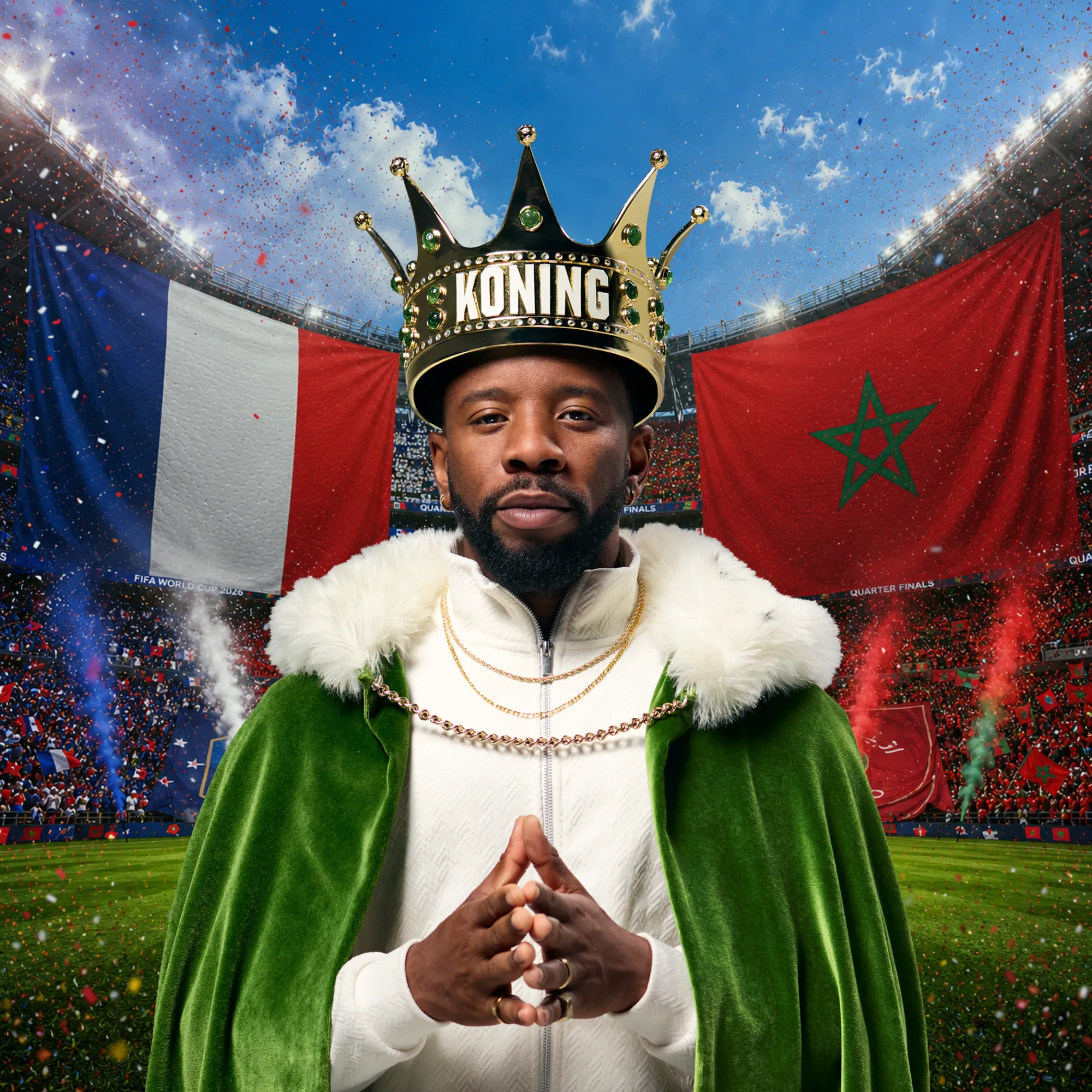 Man met kroon en groene mantel voor Franse en Marokkaanse vlag in stadion
